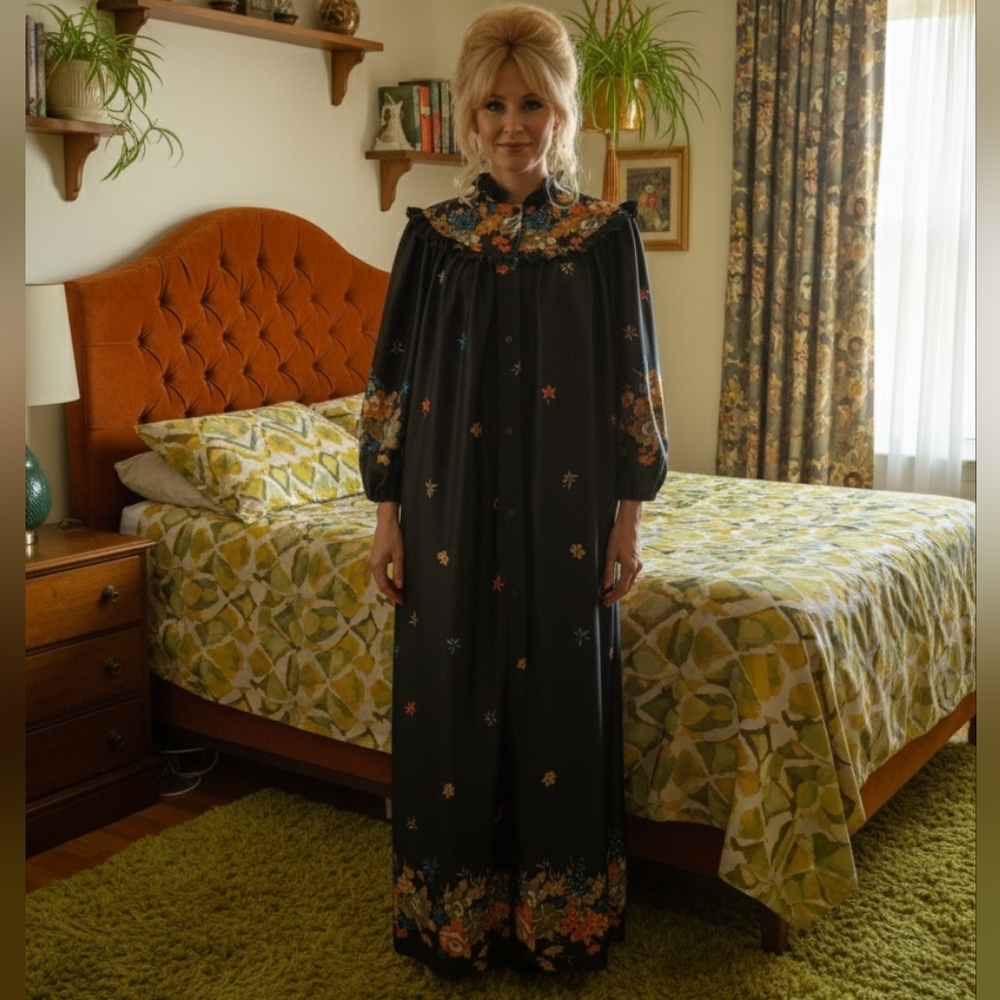 Vintage 70s M Floral Black Maxi Night Dress Jaudabar